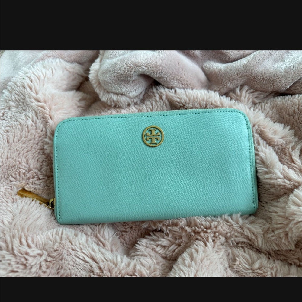 Tory Burch clutch aqua and gold